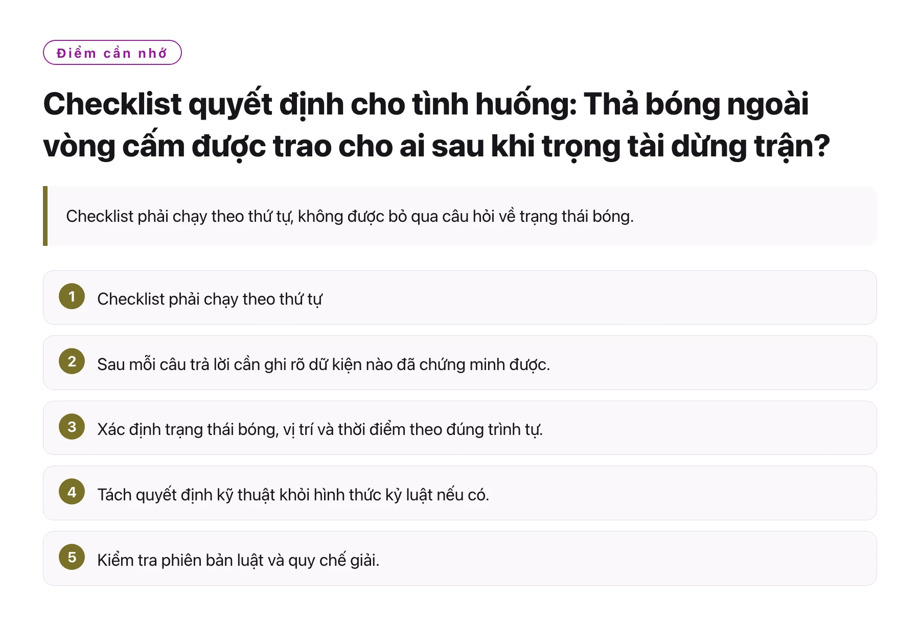 Checklist quyết định cho tình huống: Thả bóng ngoài vòng cấm được trao cho ai sau khi trọng tài dừng trận?——全文要点速览